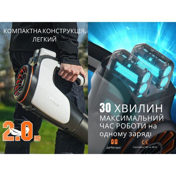 Акумуляторна повітродувка садова Litheli 560CFM, живлення від павербанку (2шт УМБ Litheli Power Bank 20000 mAh, 45 W, 4А в комплекті) U20BR00-0U220 фото