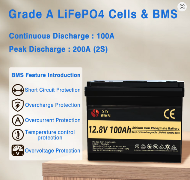 Літій-залізо-фосфатний акумулятор SJY LiFePO4 12V 100Ah (1280Wh) (BMS 100A) SJY100BASE фото